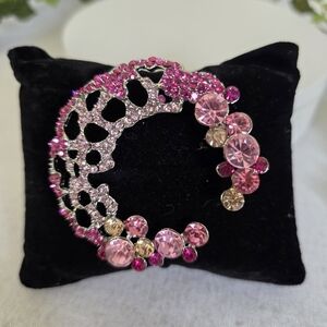 Silver Brooch Pin Pink Rhinestone Crescent Moon